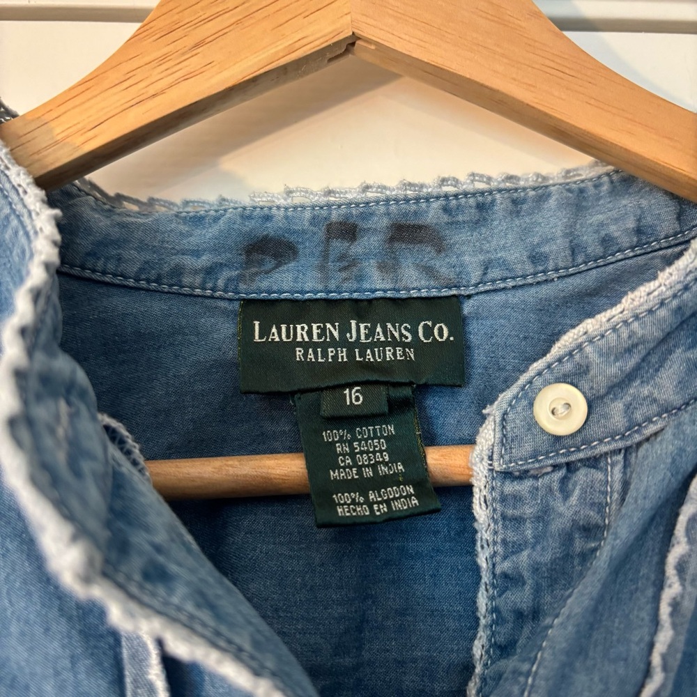 Ralph Lauren Lauren Jeans Co Vintage Chambray Blue Denim Ruffle Cottage Top 16 S - Picture 4 of 10